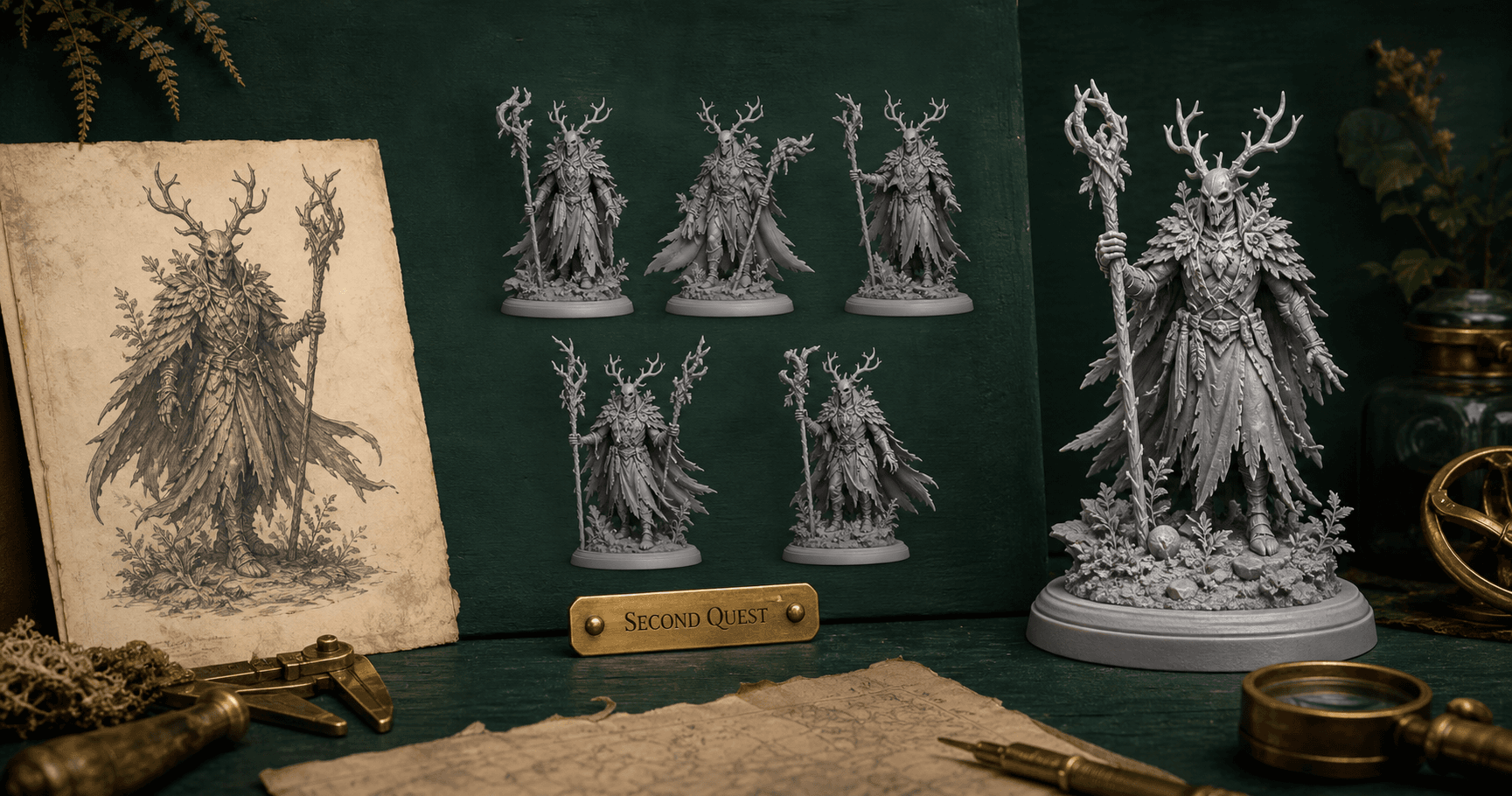 Fantasy character artwork progressing into printable miniature concepts