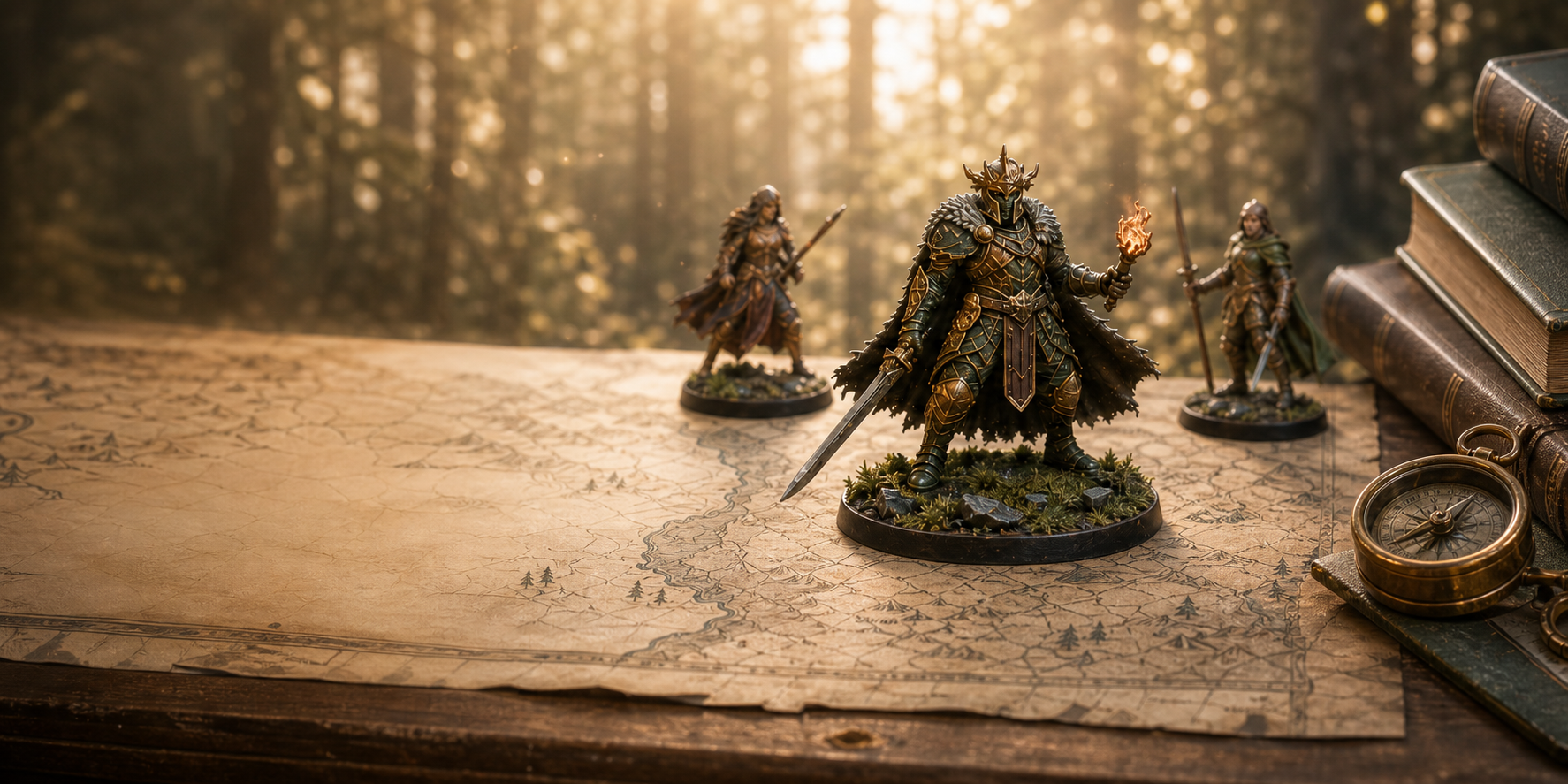 A painted fantasy knight miniature on an explorer’s map